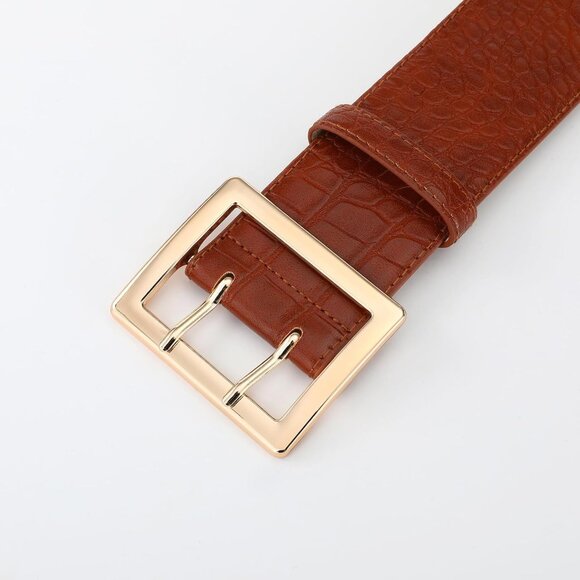 Women Leather Wide Fashion Thick Dress Belt With Gold Buckle Belt Brown Gold - Picture 3 of 7